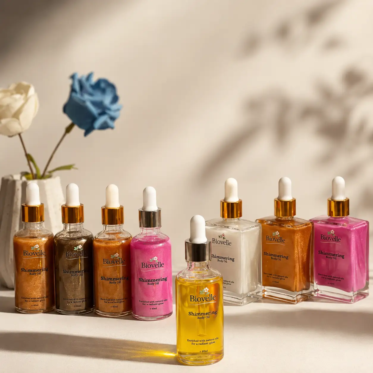 Shimmering dry body oil white silver